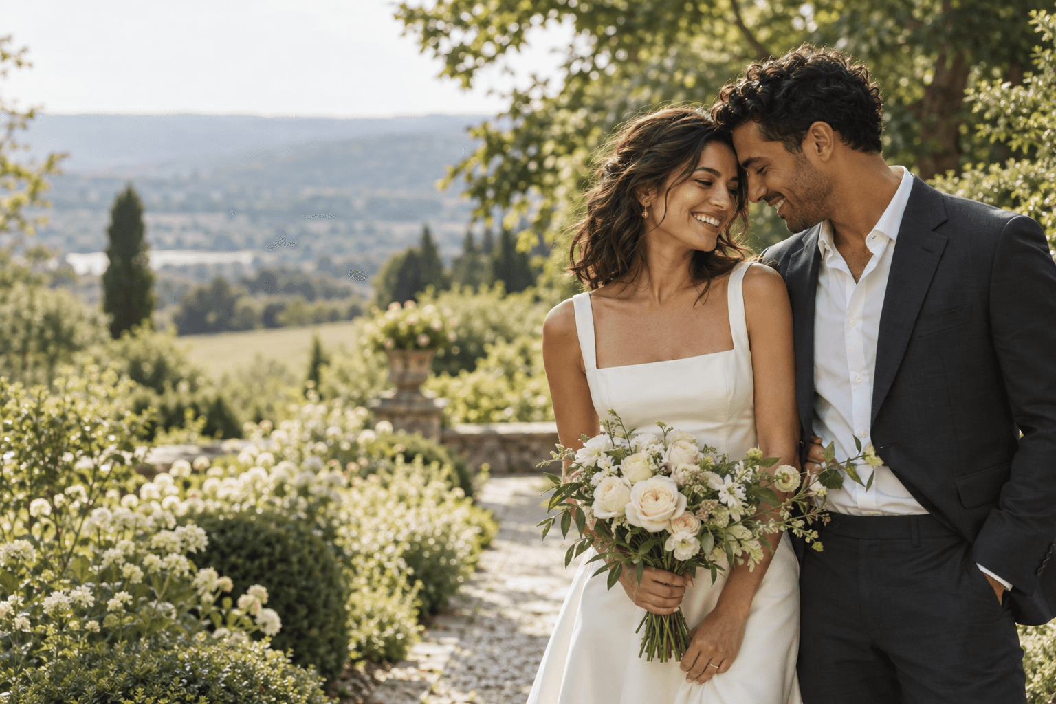 Marin and James leaning together in a sunlit garden, with cream roses.