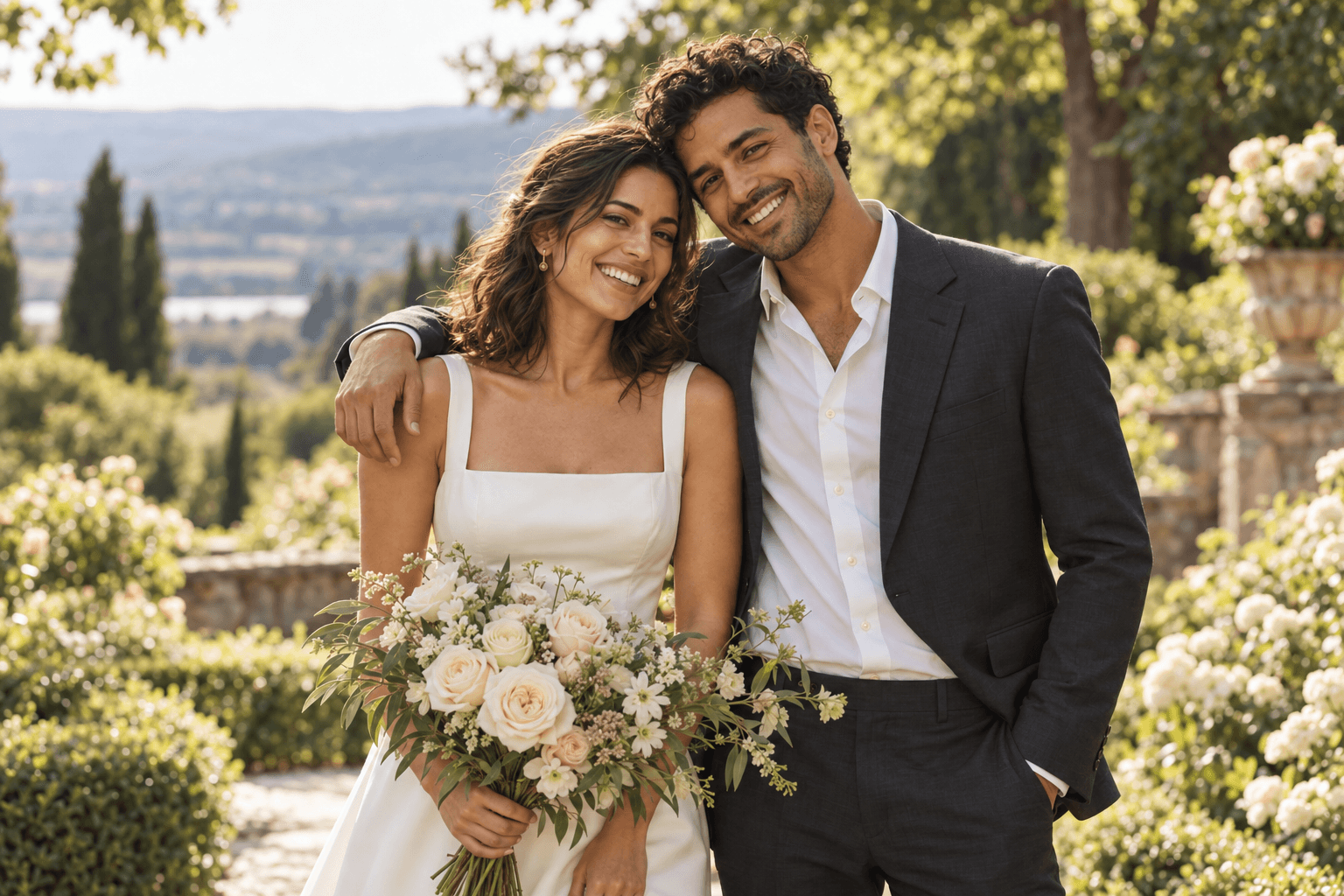 Marin and James smiling together, holding a bouquet of cream roses.